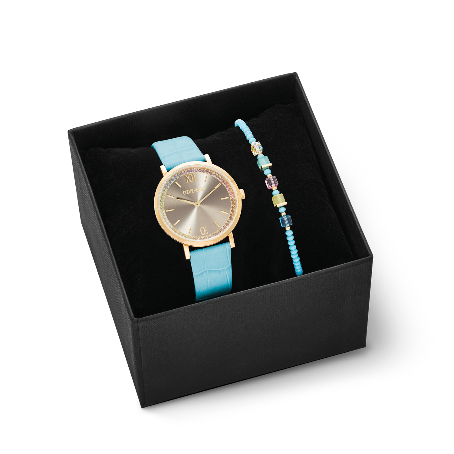 Coffret Cadeau Montre Ronde Pastel Lovers Bleu & Joyful Colours Bracelet Turquoise-Multicolor