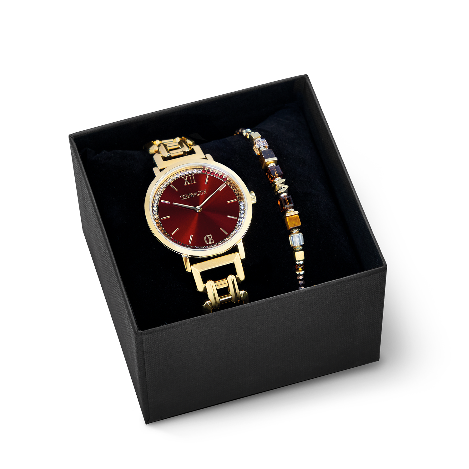 Coffret Cadeau Montre Ronde Sparkling Festive Red & Bracelet Wave Cube Flow or-marron