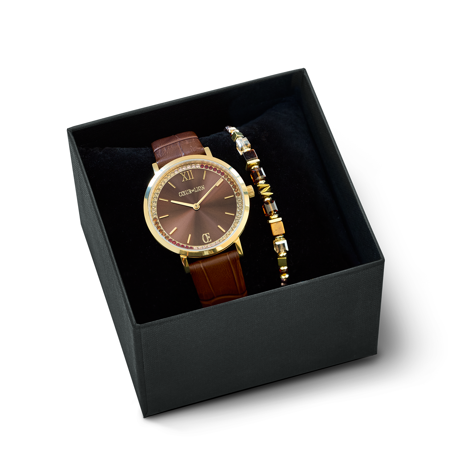 Coffret Cadeau montre ronde Sparkling marron & bracelet Wave Cube Flow or-marron