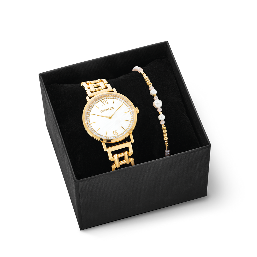 Coffret Cadeau Montre Ronde Sparkling Nacre & Bracelet Drops OR