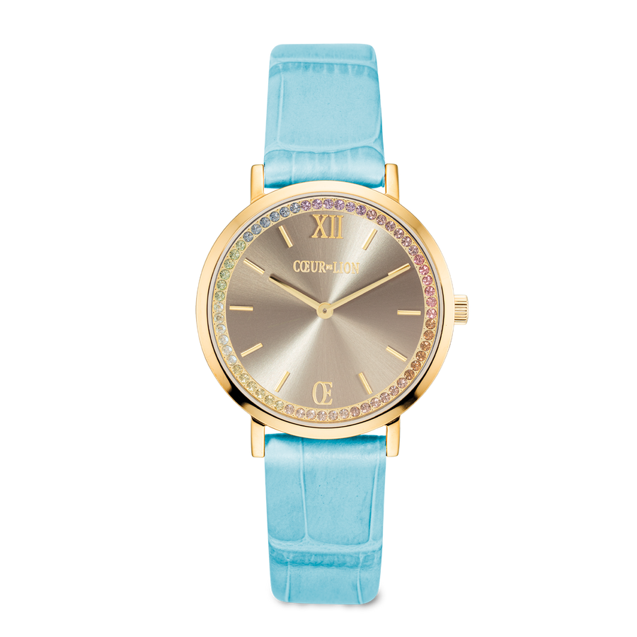 Montre Ronde Pastel Lovers Or Bracelet Cuir Bleu