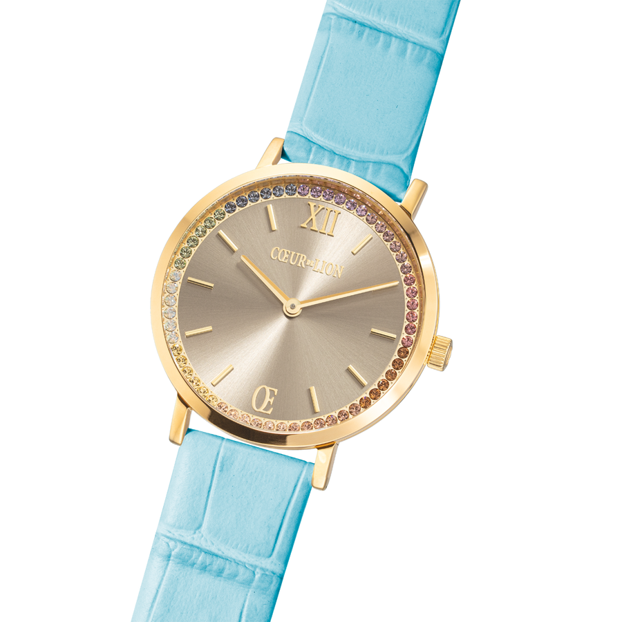 Montre Ronde Pastel Lovers Or Bracelet Cuir Bleu
