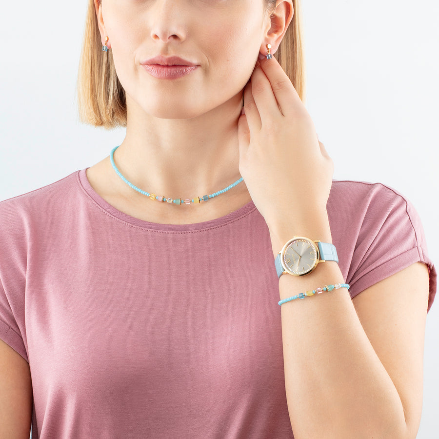 Montre Ronde Pastel Lovers Or Bracelet Cuir Bleu