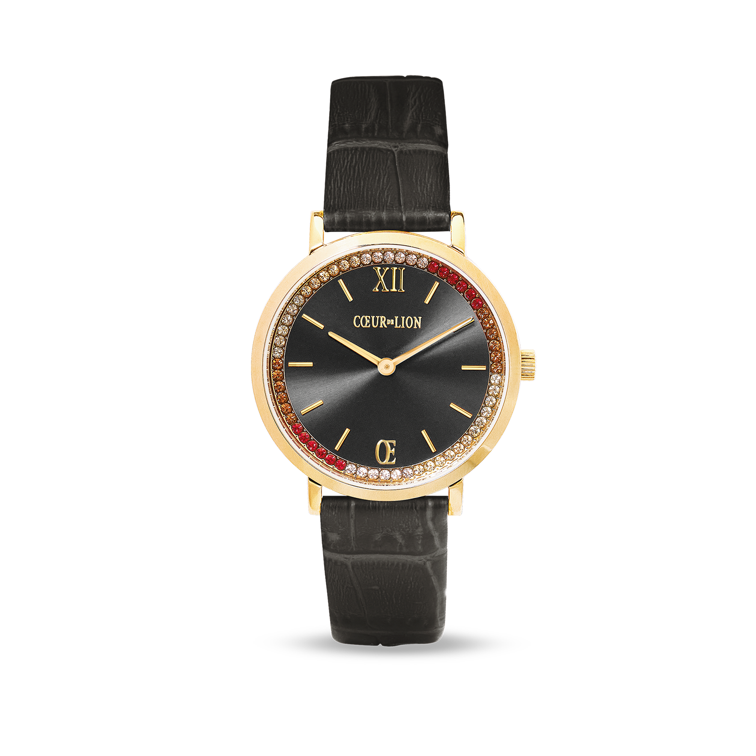Montre Ronde Sparkling Sunray Cuir Gris Foncé Doré
