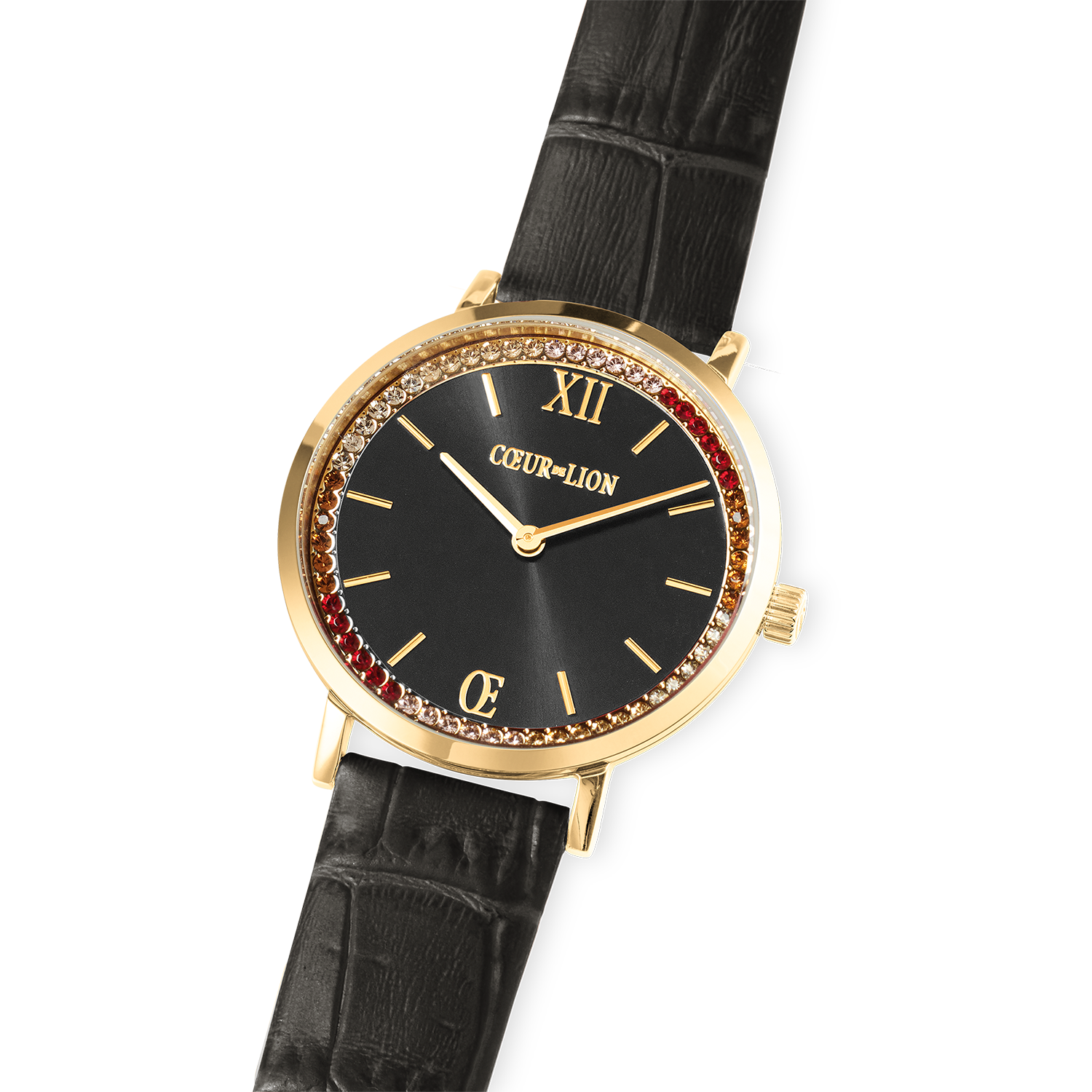 Montre Ronde Sparkling Sunray Cuir Gris Foncé Doré