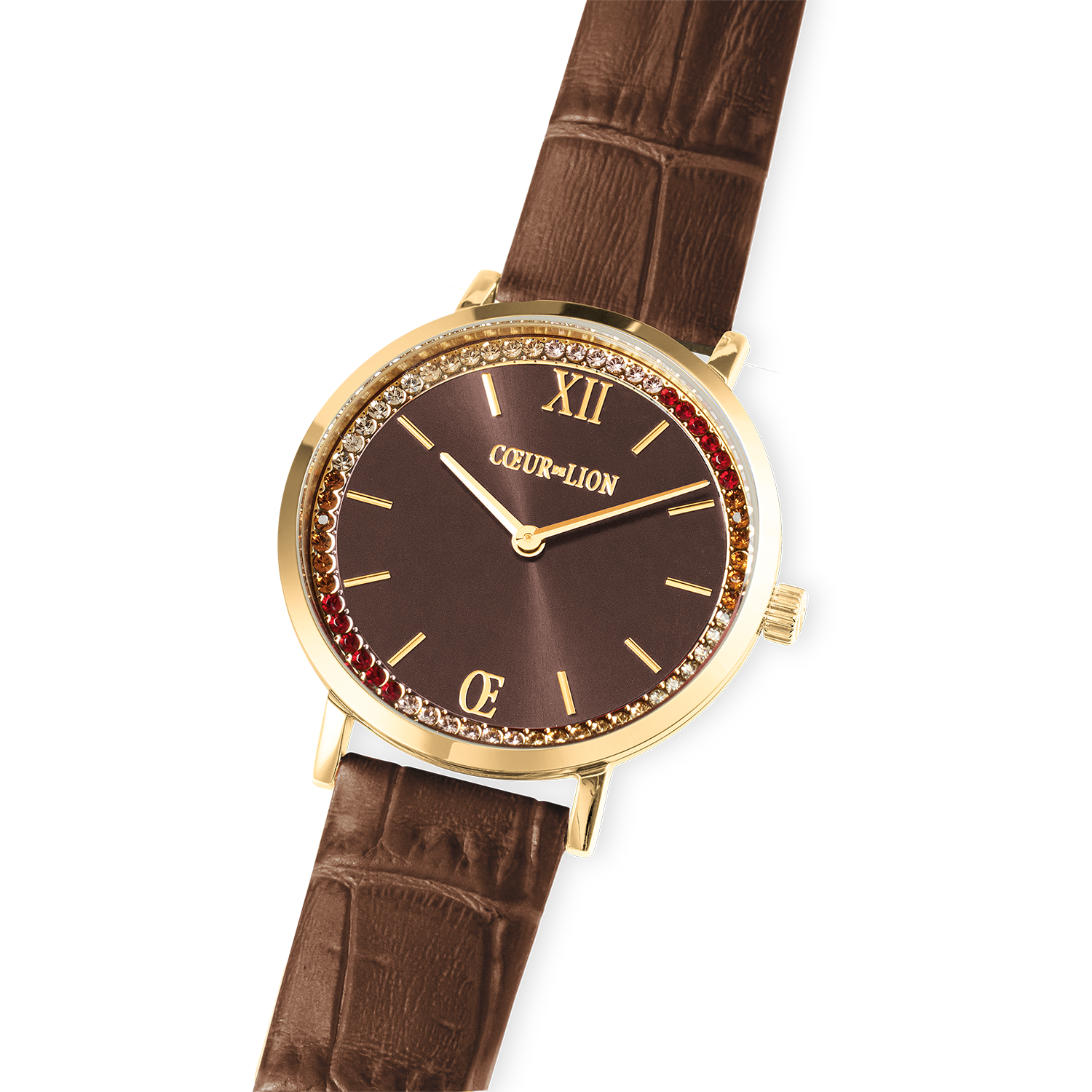Montre ronde Sparkling Sunray et bracelet en cuir marron or