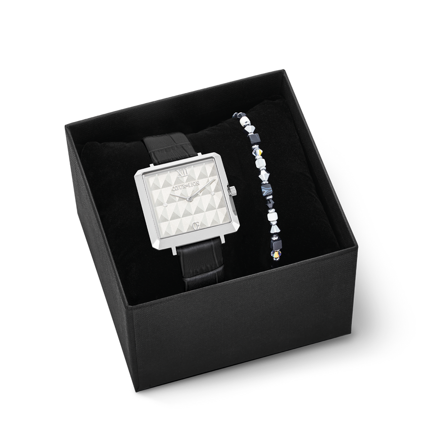 Coffret Cadeau Montre Iconic Cube Spikes Noir & Bracelet Princess Shape Mix Noir-Blanc