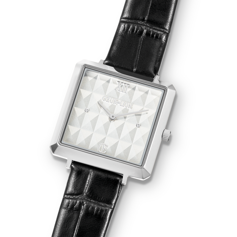 Montre Iconic Cube Spikes Argent Bracelet Cuir Noir
