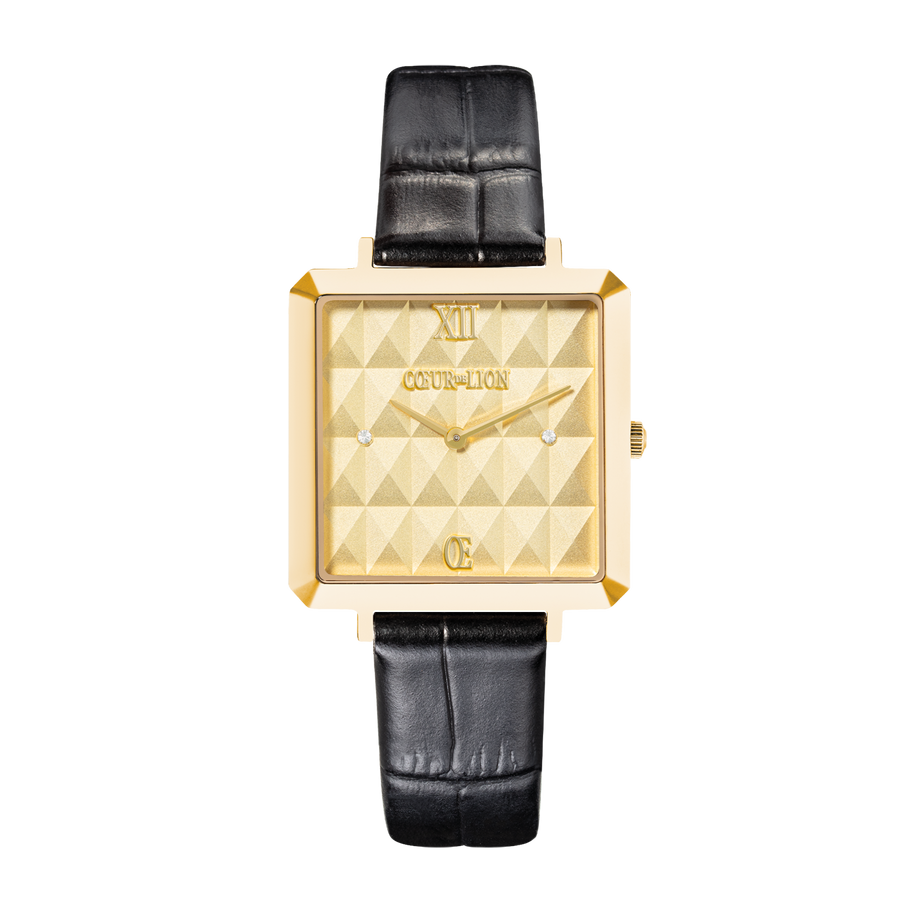 Montre Iconic Cube Spikes Or Bracelet Cuir Noir