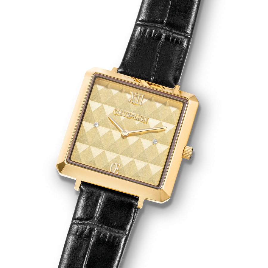 Montre Iconic Cube Spikes Or Bracelet Cuir Noir