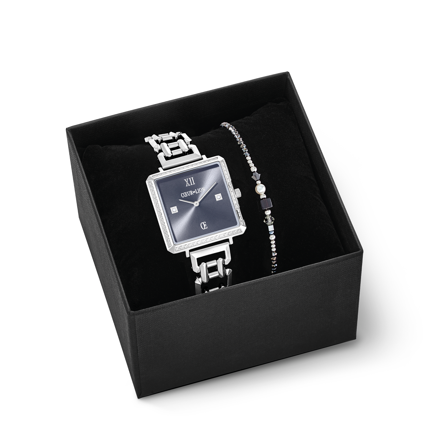 Coffret cadeau Montre Iconic Cube Sparkling Anthracite Attraction & bracelet Square Stripes argent-noir