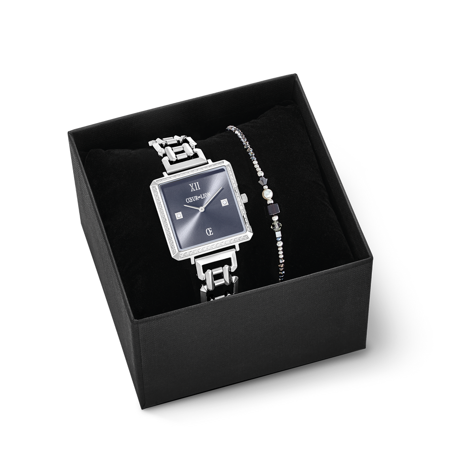 Coffret cadeau Montre Iconic Cube Sparkling Anthracite Attraction & bracelet Square Stripes argent-noir