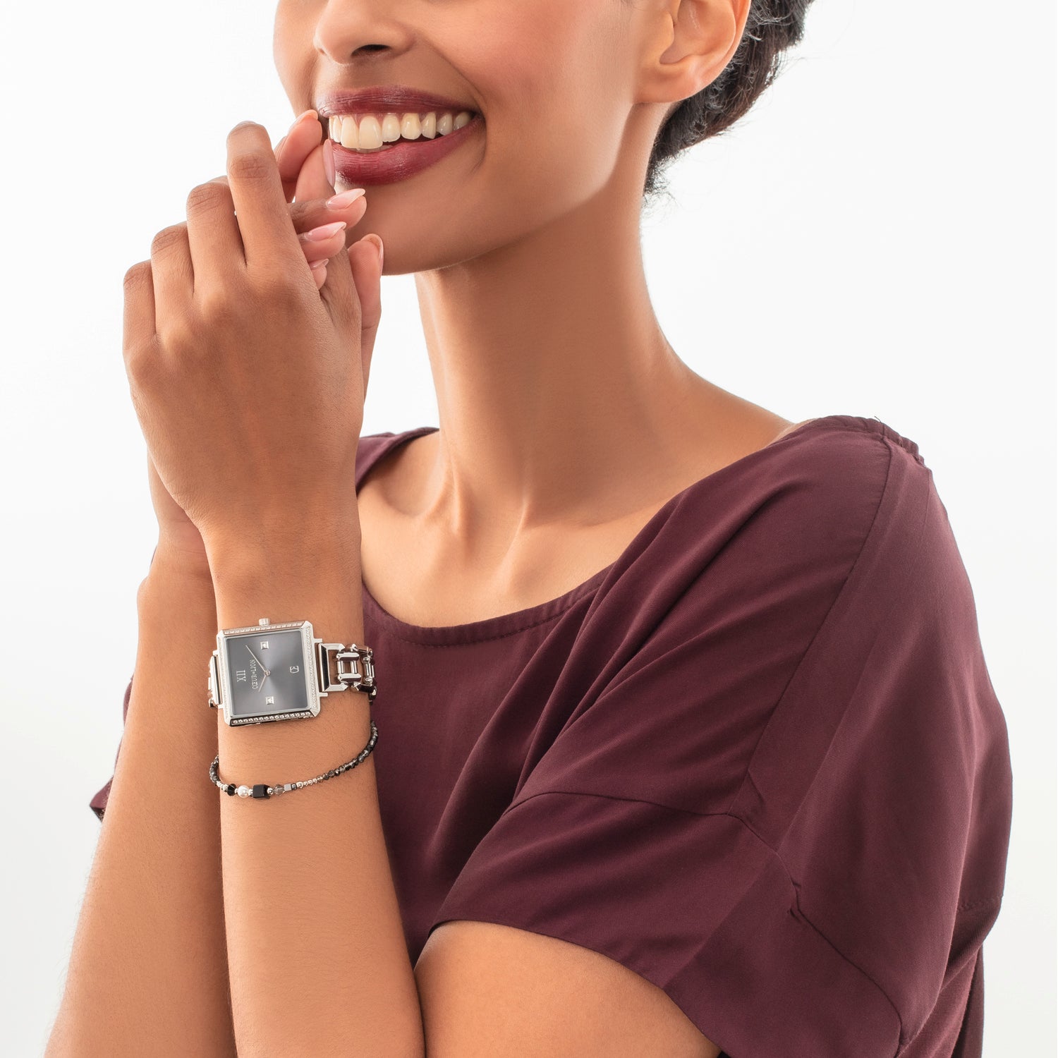 Coffret cadeau Montre Iconic Cube Sparkling Anthracite Attraction & bracelet Square Stripes argent-noir