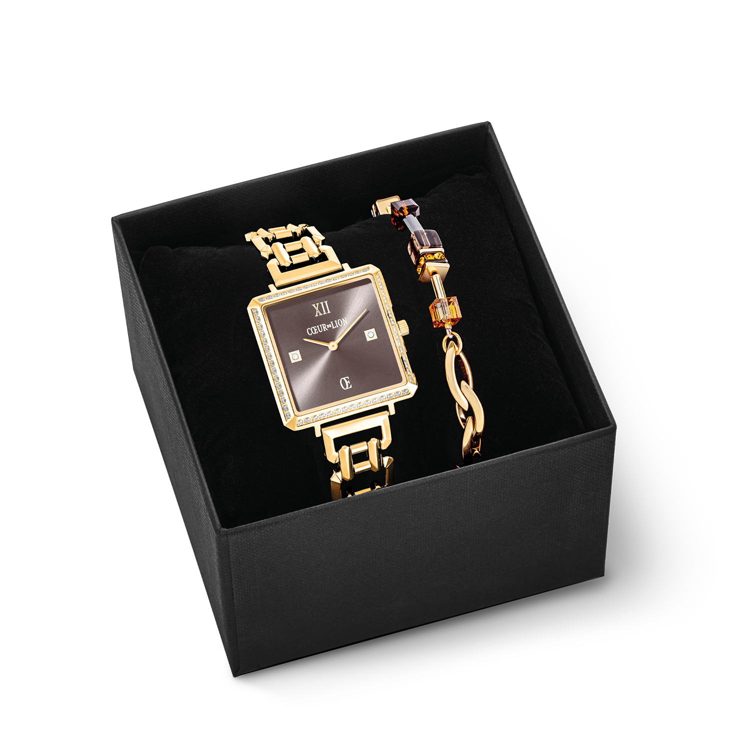 Coffret cadeau Montre Iconic Cube Sparkling Mystic Mocca Statement or & GeoCUBE® Chunky Chain bracelet or-brun