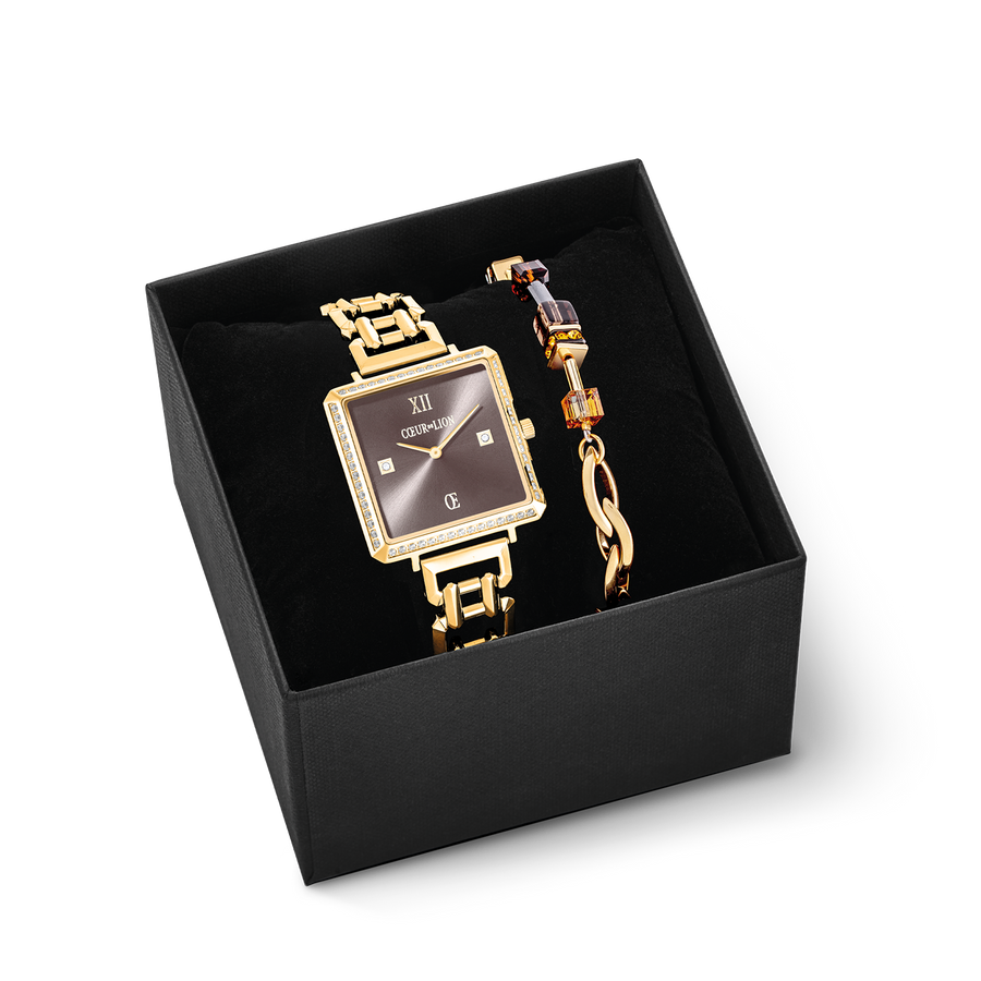 Coffret cadeau Montre Iconic Cube Sparkling Mystic Mocca Statement or & GeoCUBE® Chunky Chain bracelet or-brun