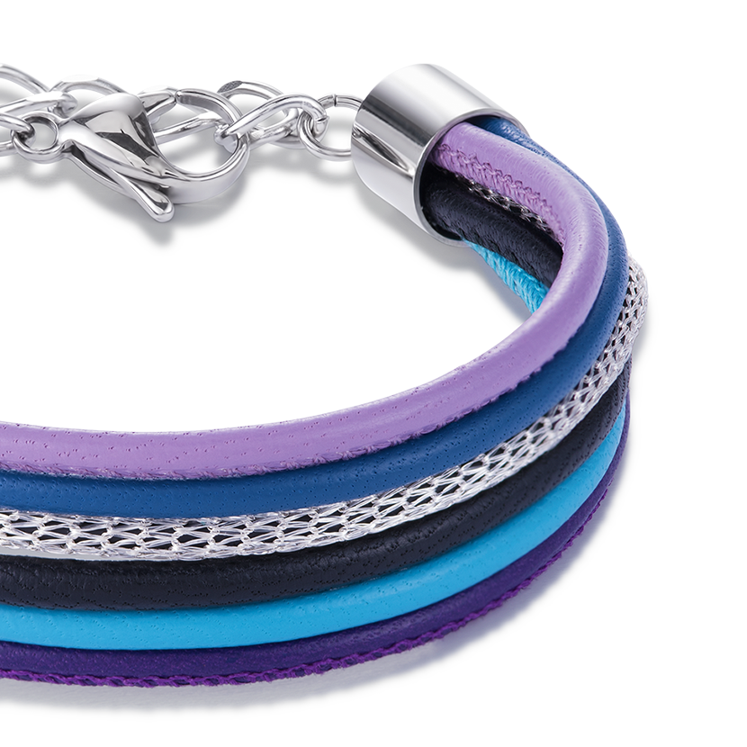 Bracelet à plusieurs rangs cuir nappa & maille bleu-mauve