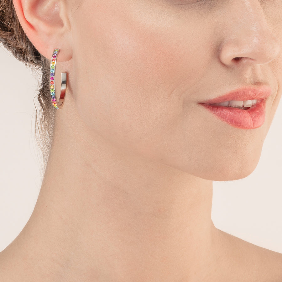 Boucles d'oreille créole 35 acier & cristaux argent multicolore