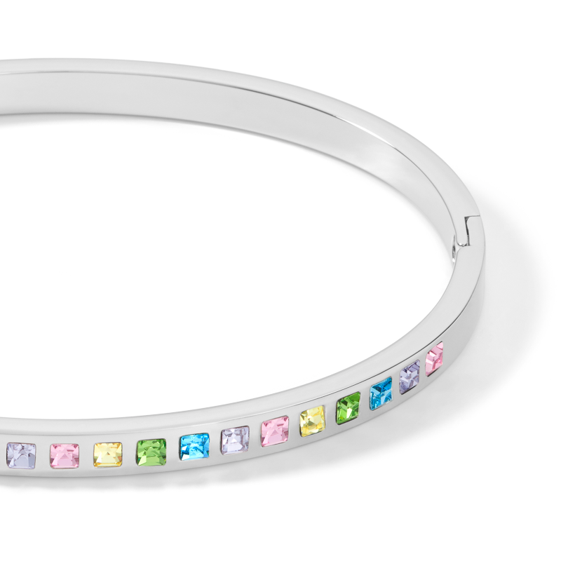 Bracelet acier argent & pavé de cristaux carré multicolore pastel 17