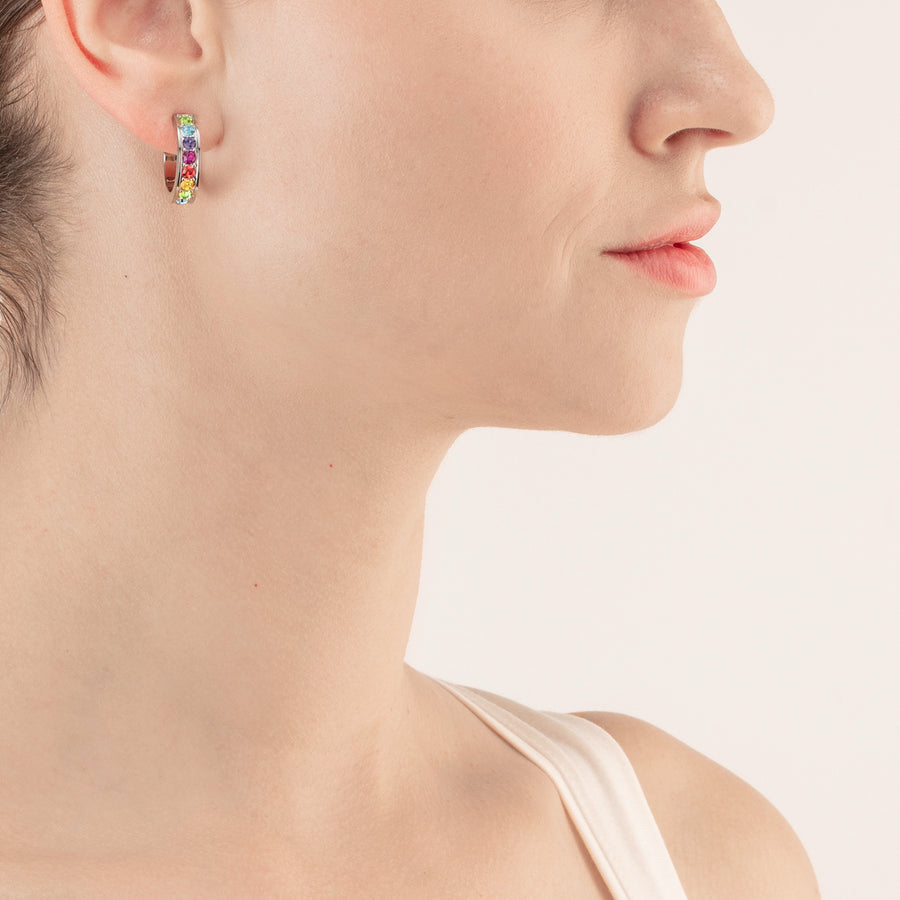 Boucles d'oreille créole 20 acier & cristaux argent multicolore