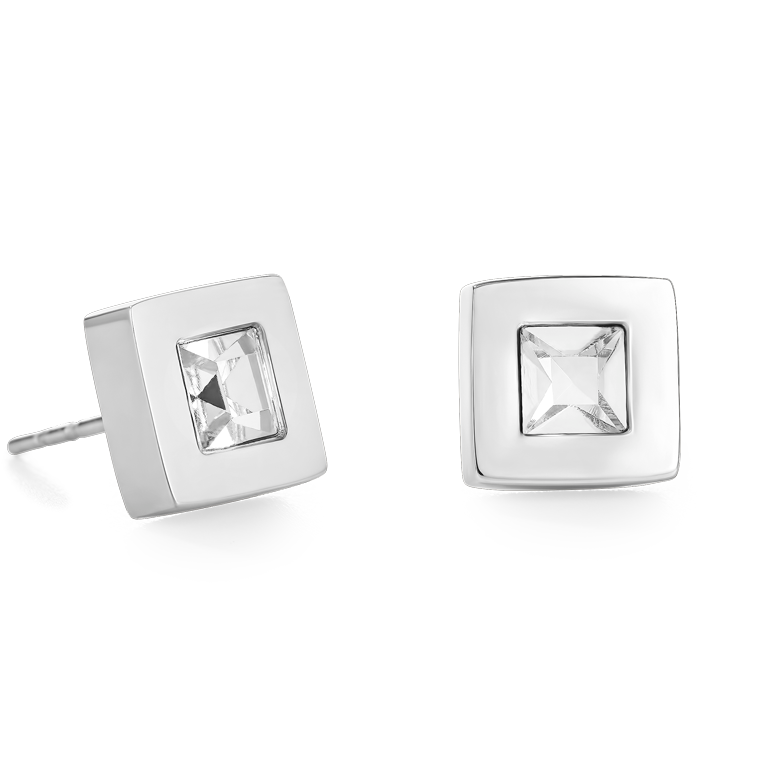 Boucles d'oreille carré acier argent & cristal