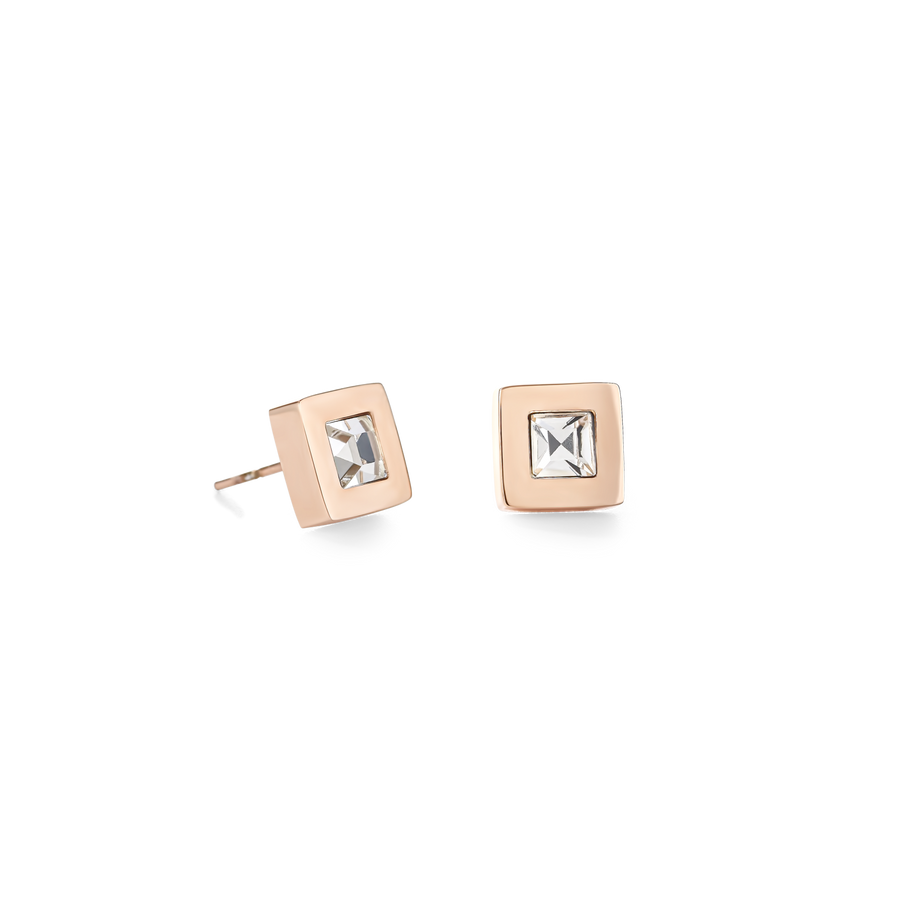 Boucles d'oreille carré acier or rose & cristal