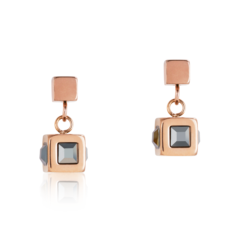 Boucles d'oreille cube acier or rose & cristal anthracite