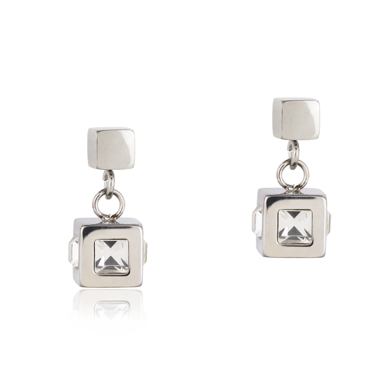 Boucles d'oreille cube acier argent & cristal