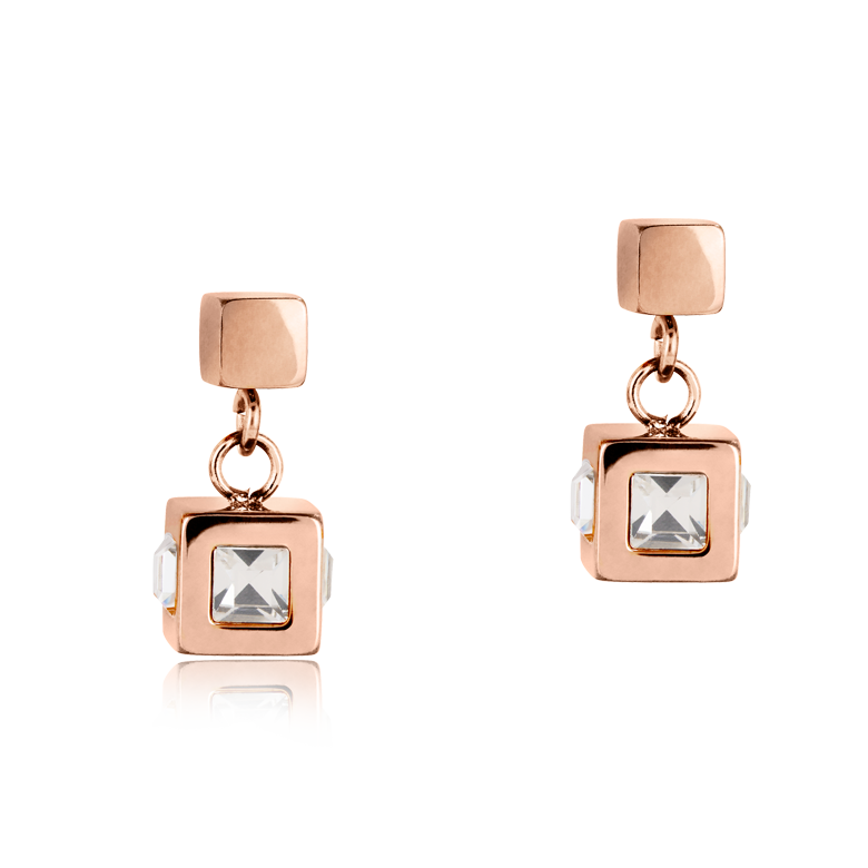 Boucles d'oreille cube acier or rose & cristal