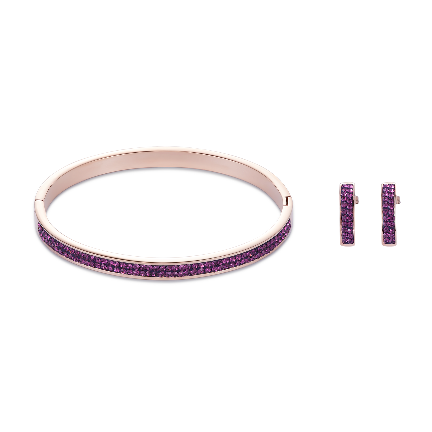 Boucles d'oreille acier or rose & Pavé de Cristaux améthyste