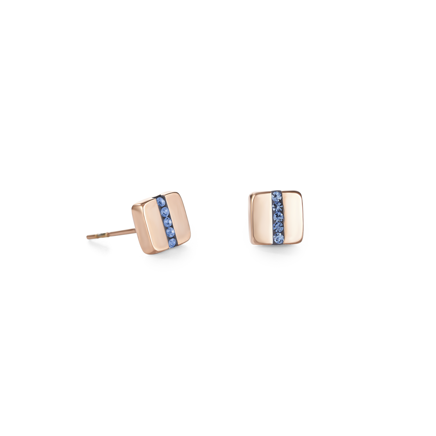Boucles d'oreille Acier carrée or rose & bande Pavé de Cristaux bleu claire