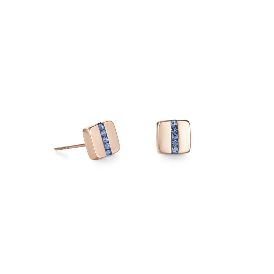 Boucles d'oreille Acier carrée or rose & bande Pavé de Cristaux bleu claire