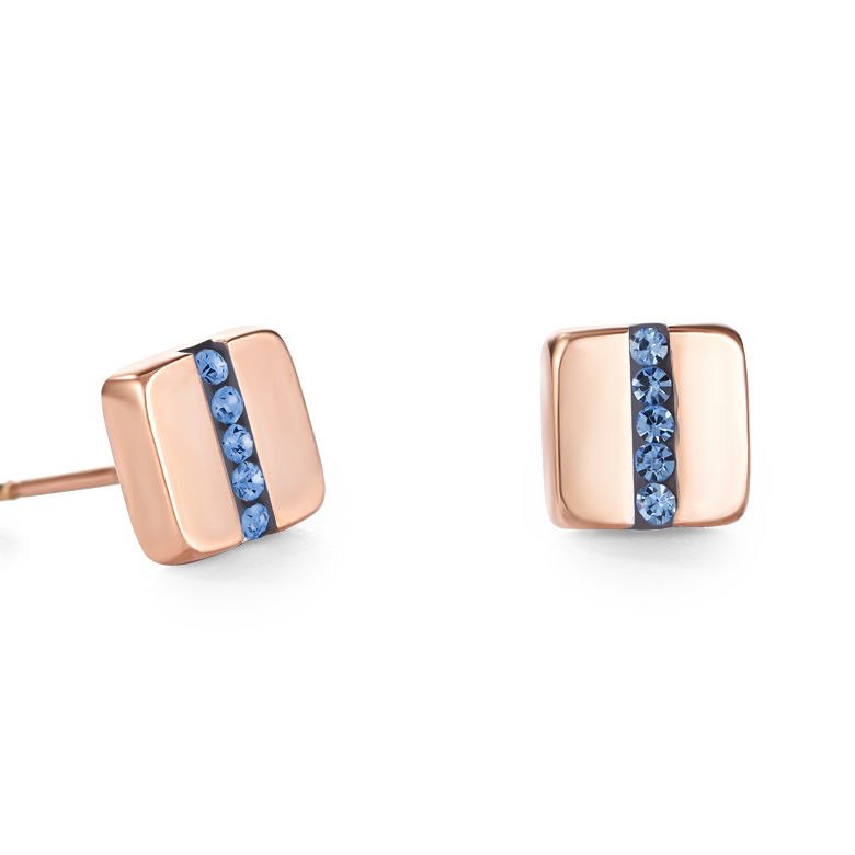 Boucles d'oreille Acier carrée or rose & bande Pavé de Cristaux bleu claire