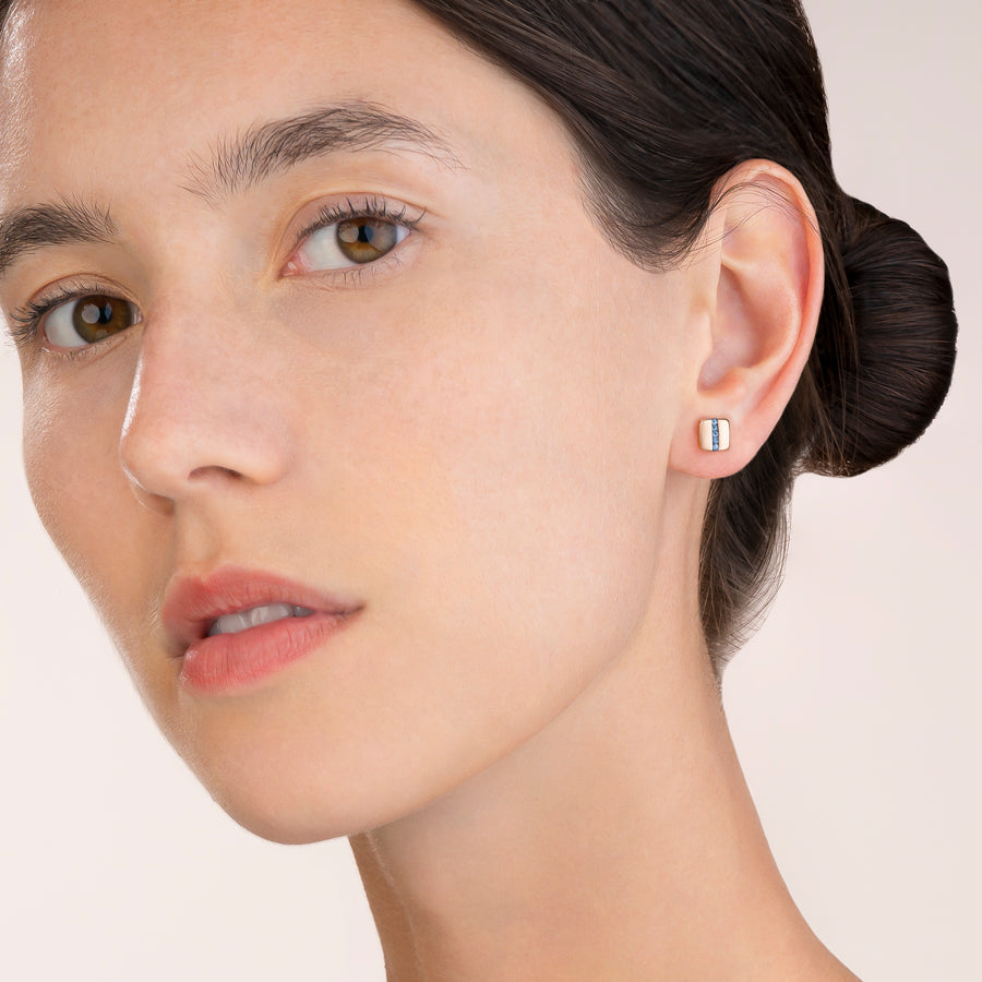Boucles d'oreille Acier carrée or rose & bande Pavé de Cristaux bleu claire