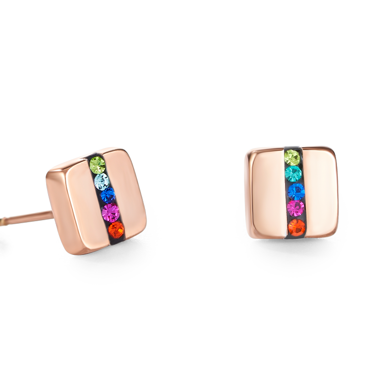 Boucles d'oreille Acier carrée or rose & bande Pavé de Cristaux multicolore