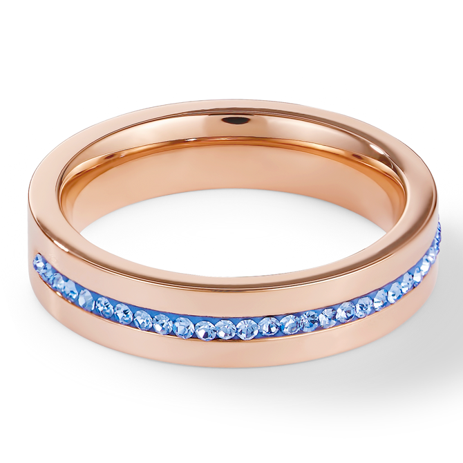 Ring stainless steel rose gold & crystals pavé strip light blue