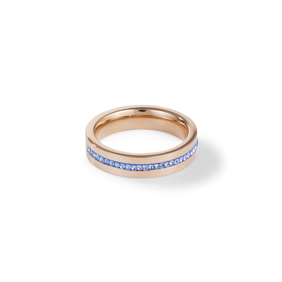 Ring stainless steel rose gold & crystals pavé strip light blue