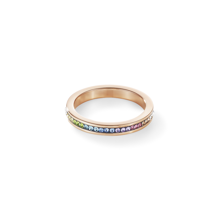 Ring slim stainless steel rose gold & crystals pavé multicolour pastel