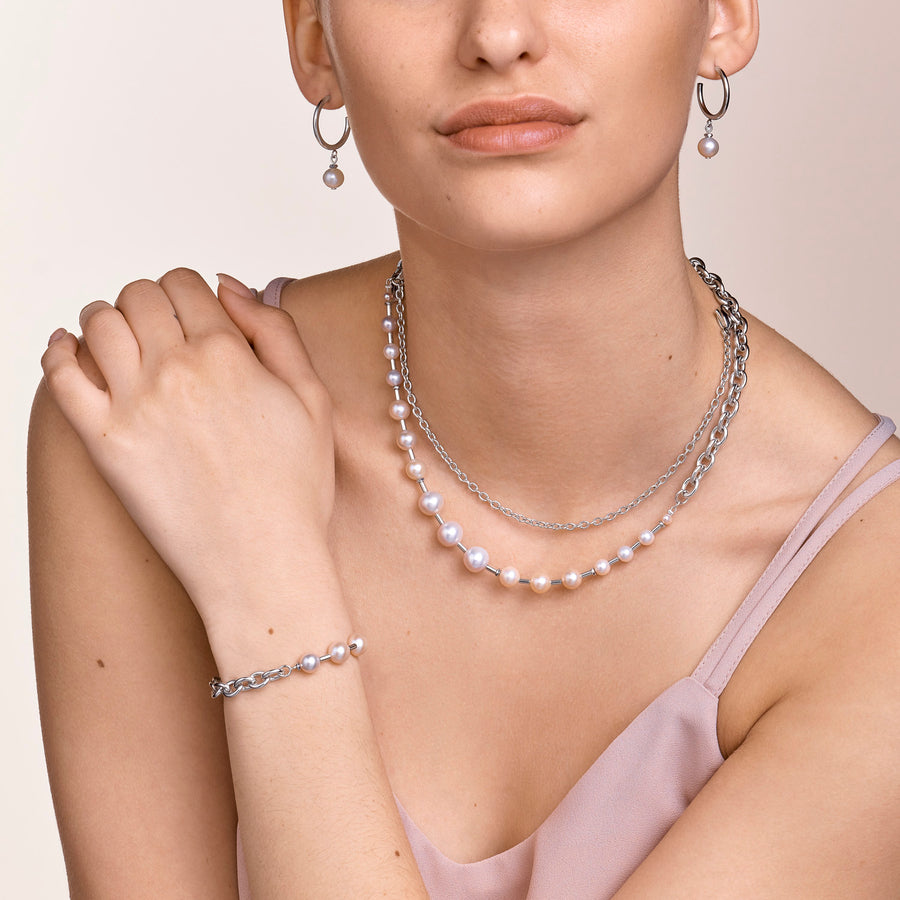 Bracelet perles d'eau douce & chunky chain 4-en-1 blanc-argenté