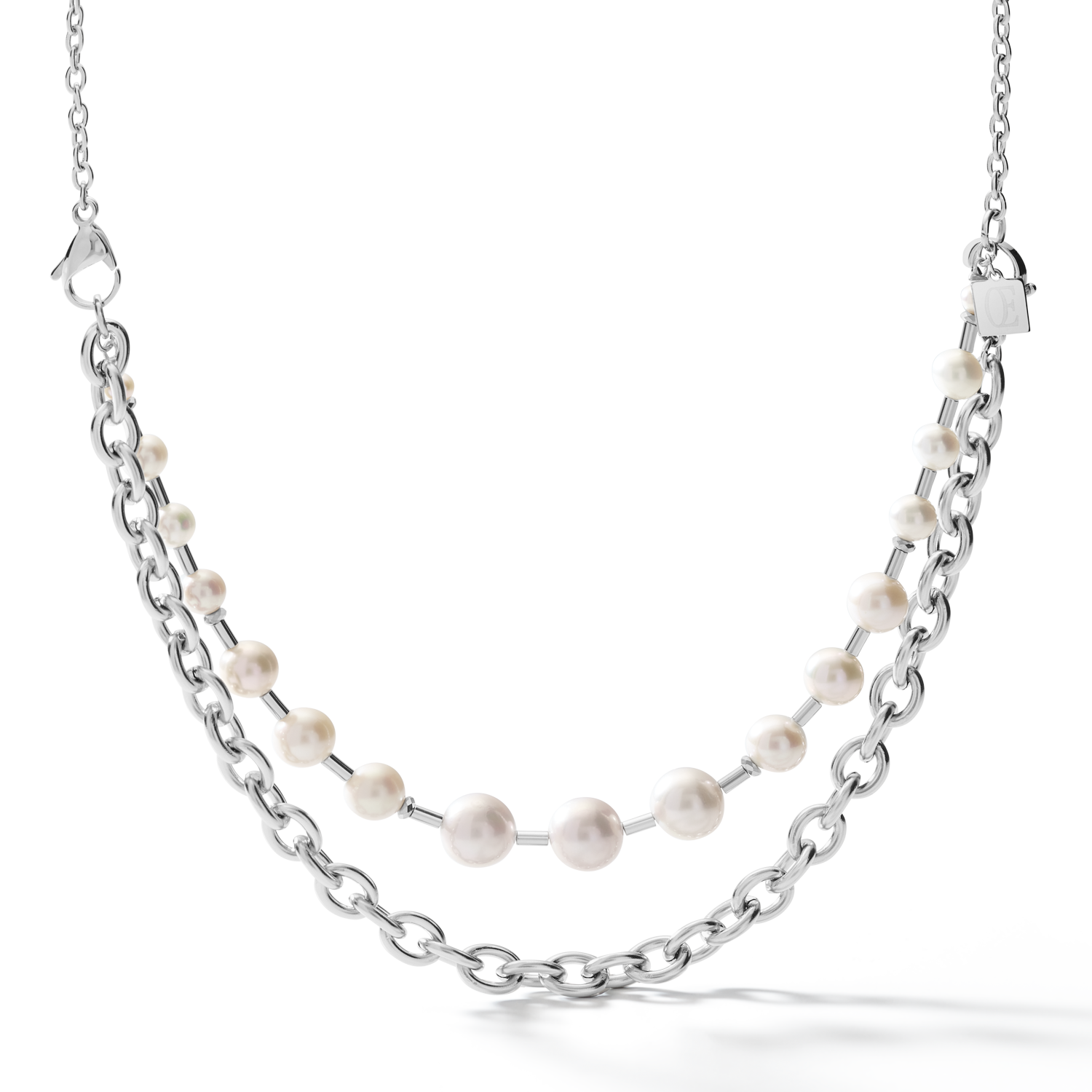 Collier Perles d'eau douce & chunky chain 4-in-1 blanc-argenté