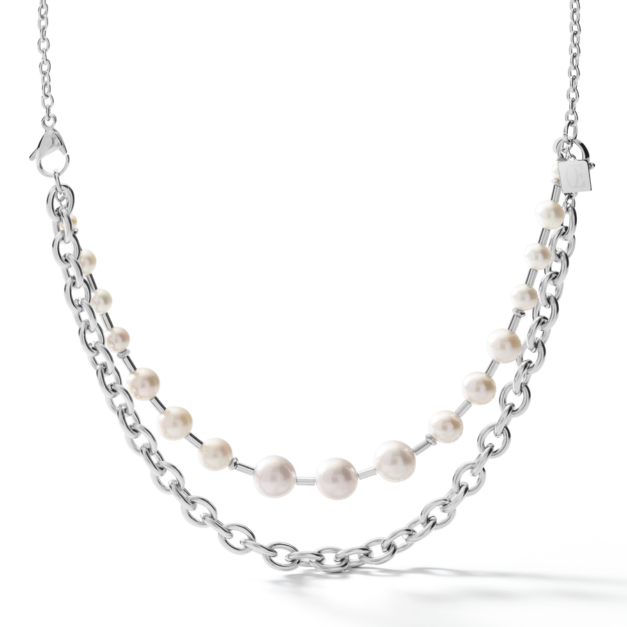 Collier Perles d'eau douce & chunky chain 4-in-1 blanc-argenté