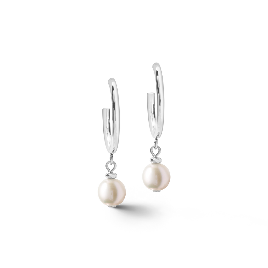 Boucles d'oreilles Perles d'eau douce créoles & chunky chain 4-en-1 blanc-argenté