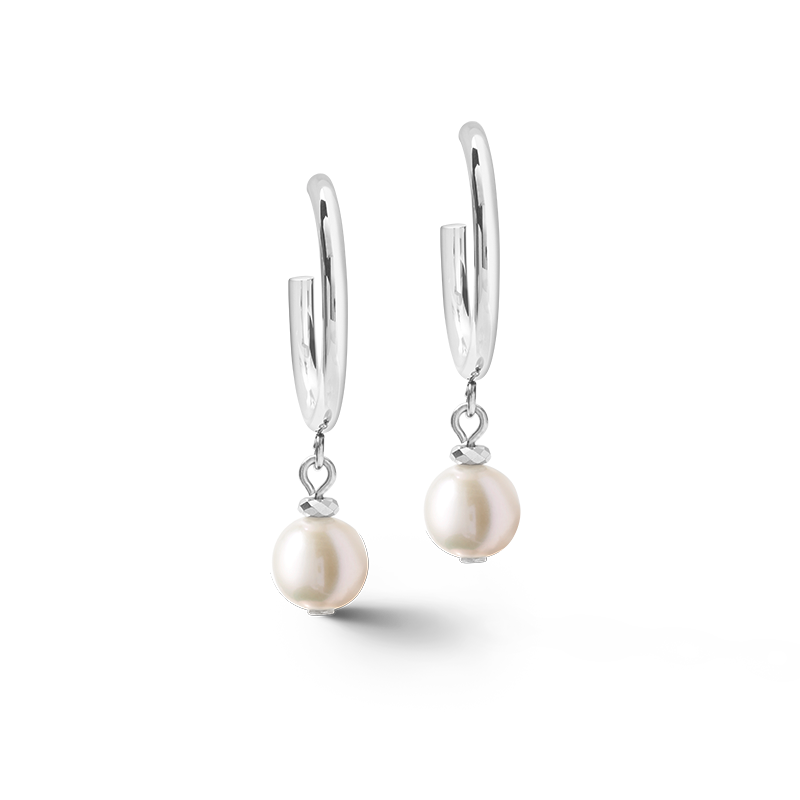 Boucles d'oreilles Perles d'eau douce créoles & chunky chain 4-en-1 blanc-argenté