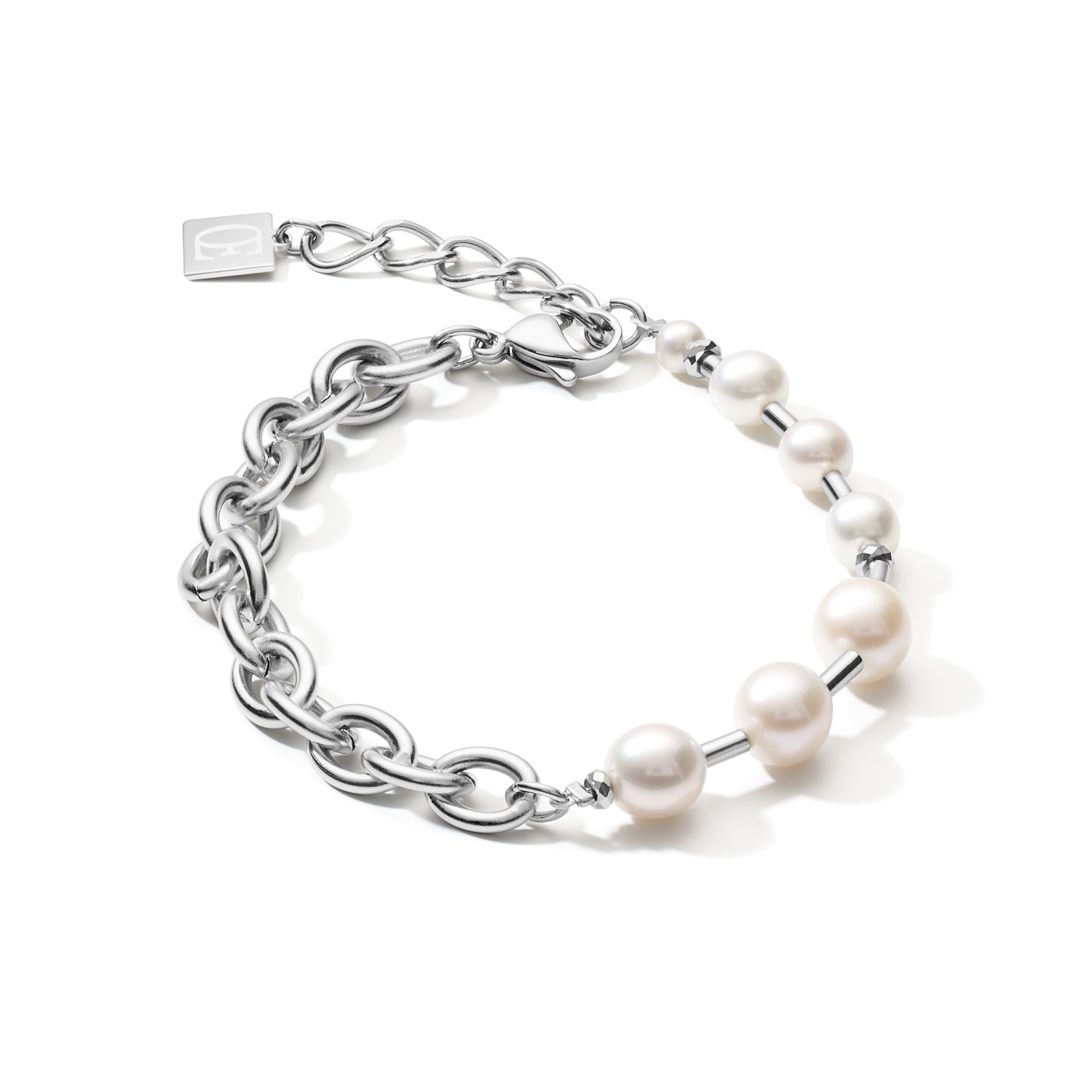 Bracelet perles d'eau douce & chunky chain 4-en-1 blanc-argenté