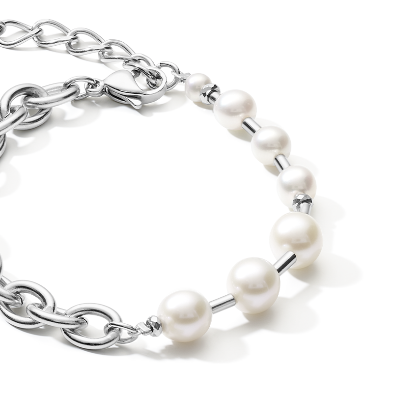 Bracelet perles d'eau douce & chunky chain 4-en-1 blanc-argenté