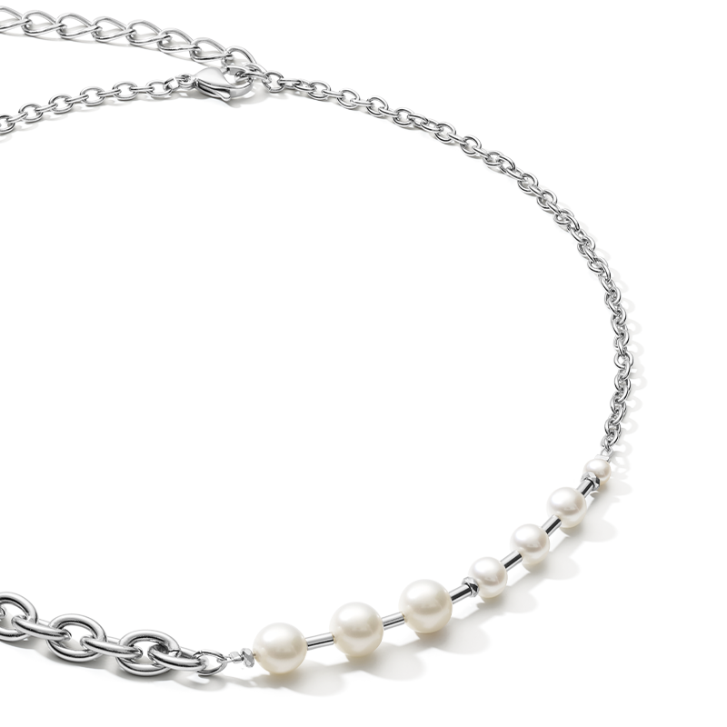 Collier classique & moderne Perles d'eau douce & chaîne en acier inoxydable blanc-argenté