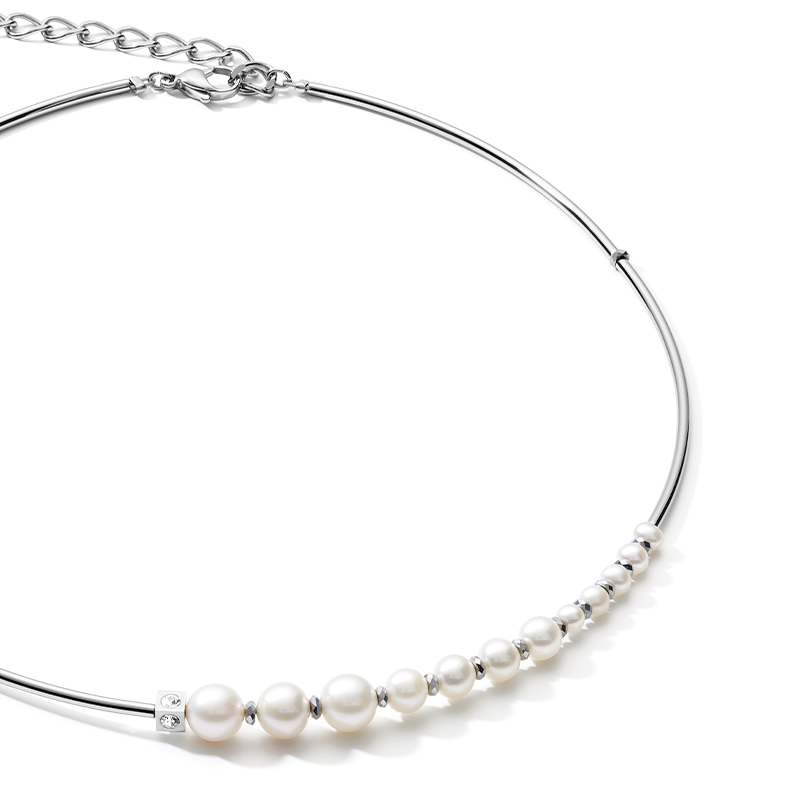 Collier Asymétrie perles d'eau douce & acier inoxydable blanc-argenté