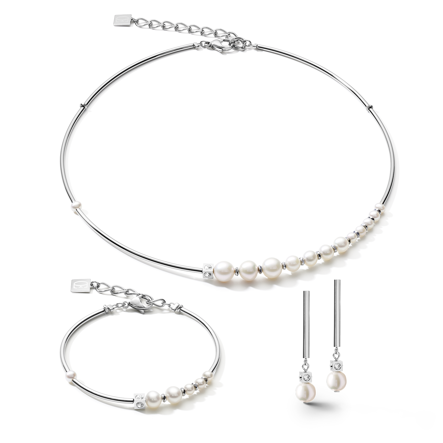 Collier Asymétrie perles d'eau douce & acier inoxydable blanc-argenté