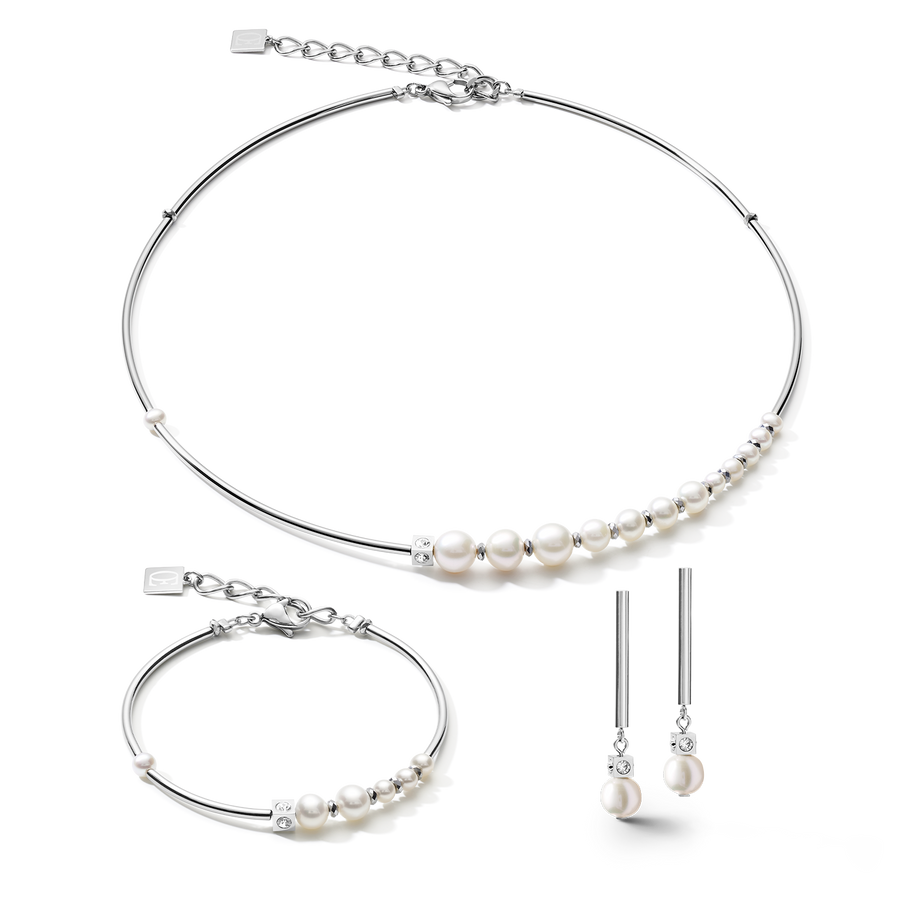 Bracelet Asymmetry freshwater pearls & stainless steel white-silver