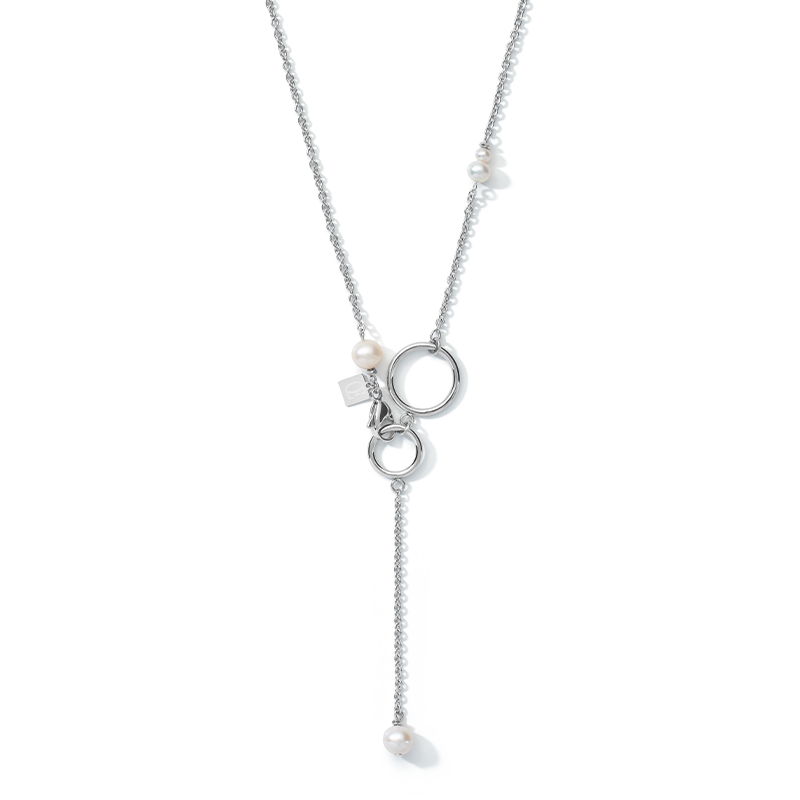Collier chaîne en Y & anneau perles d'eau douce & acier inoxydable blanc-argenté
