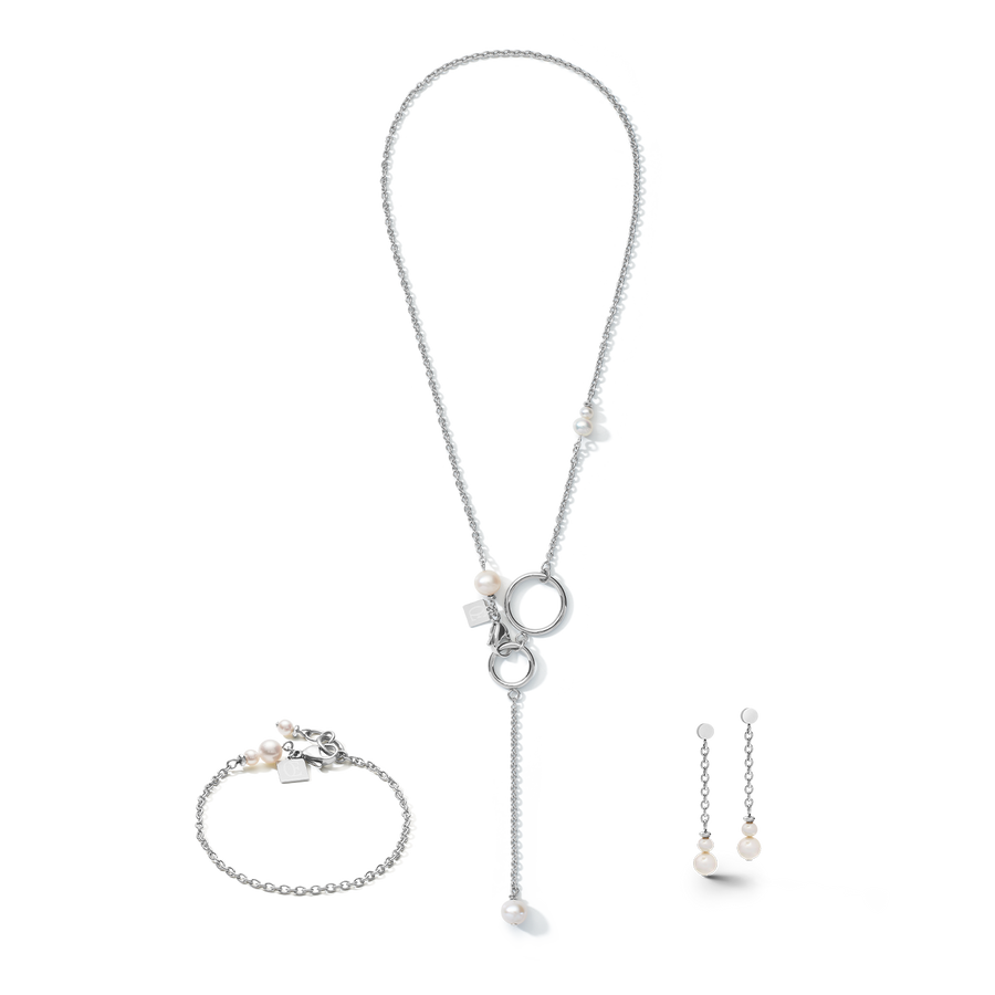 Collier chaîne en Y & anneau perles d'eau douce & acier inoxydable blanc-argenté
